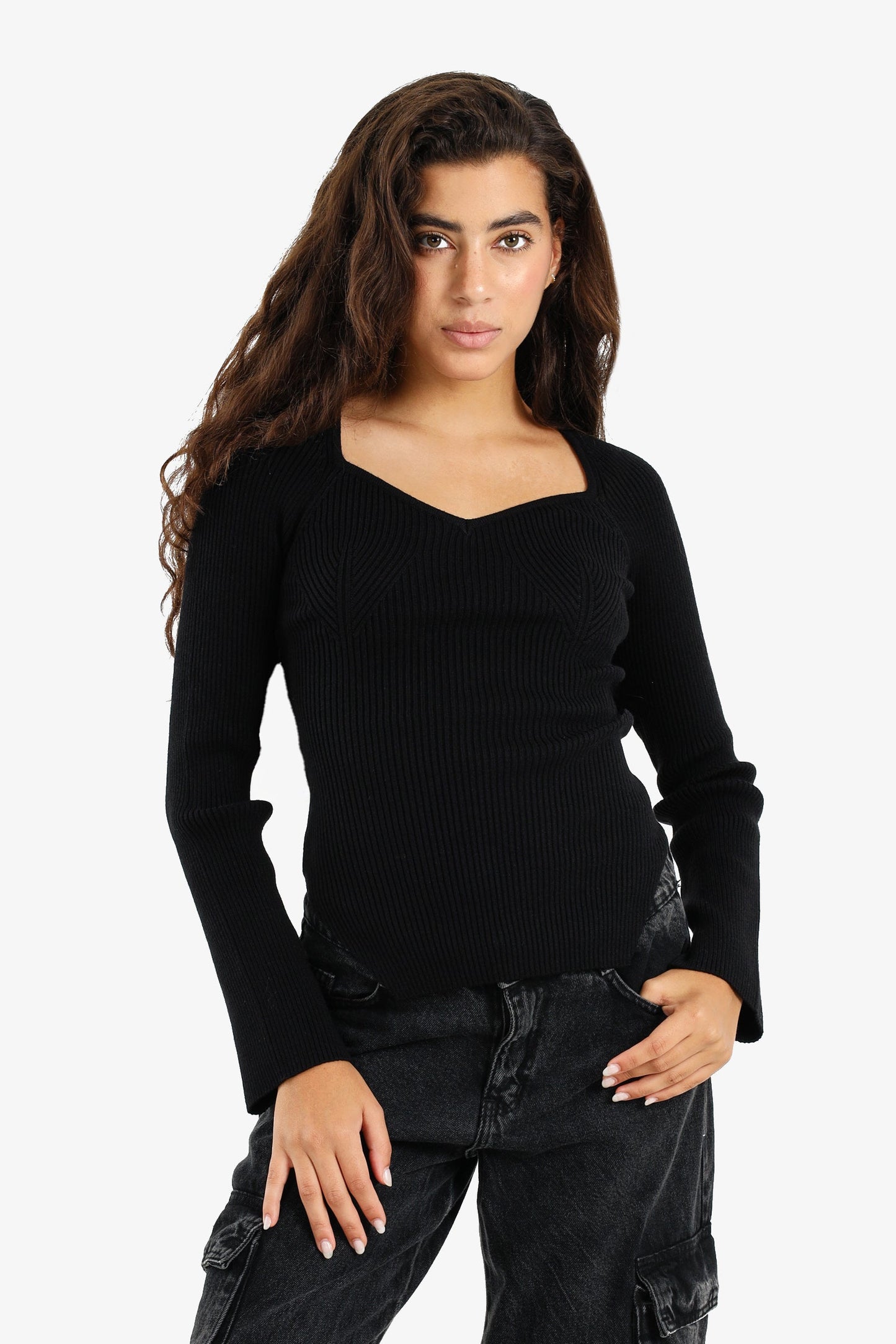 Ribbed Heart Neck Pullover