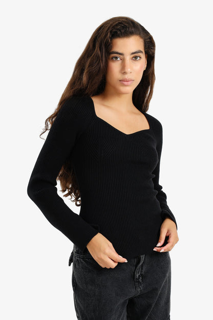 Ribbed Heart Neck Pullover