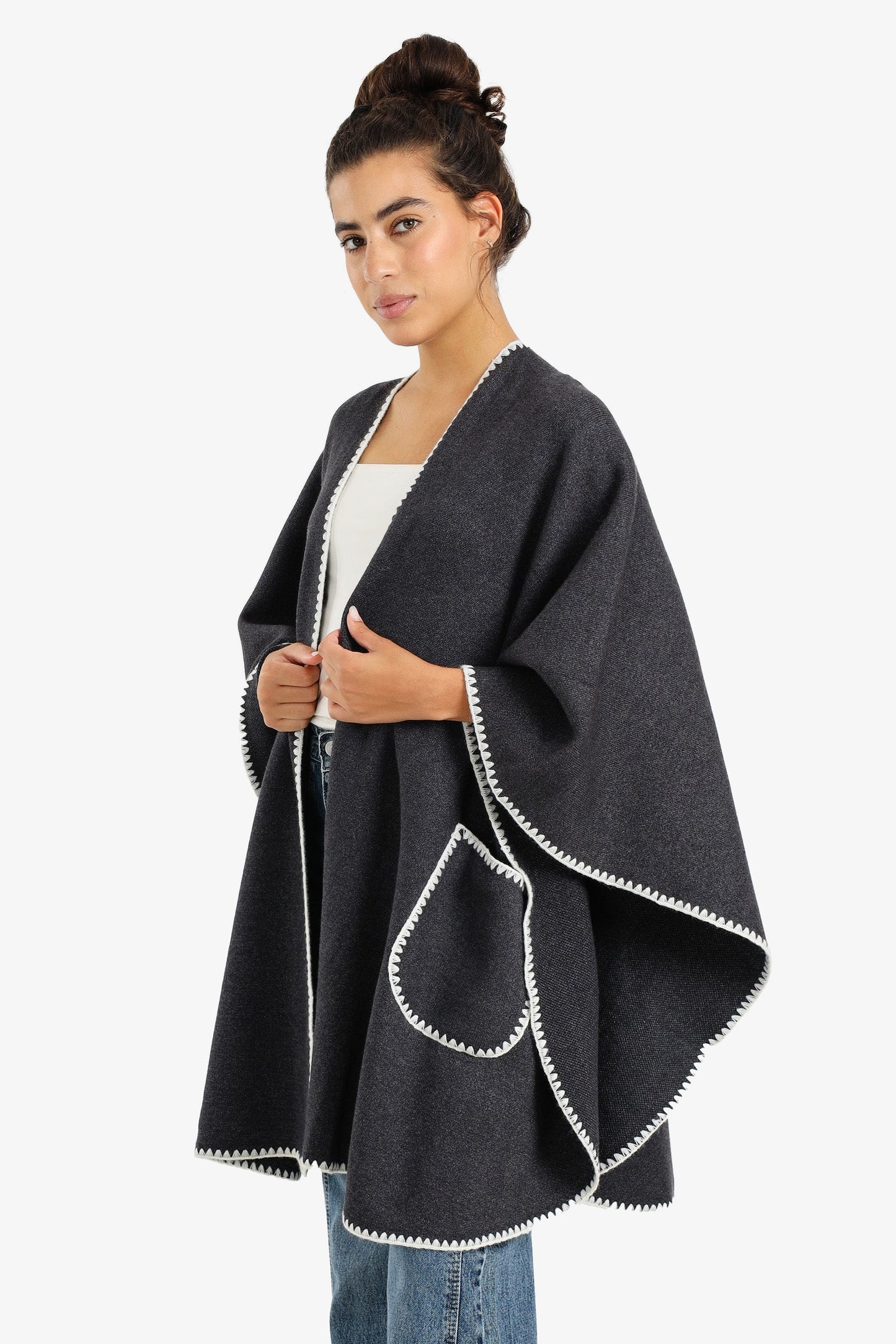 Relaxed Poncho with Zigzag Trim