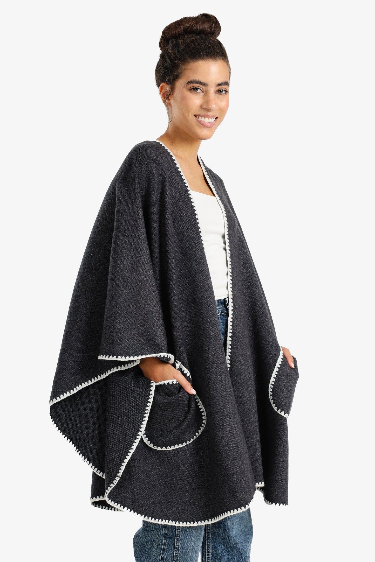 Relaxed Poncho with Zigzag Trim
