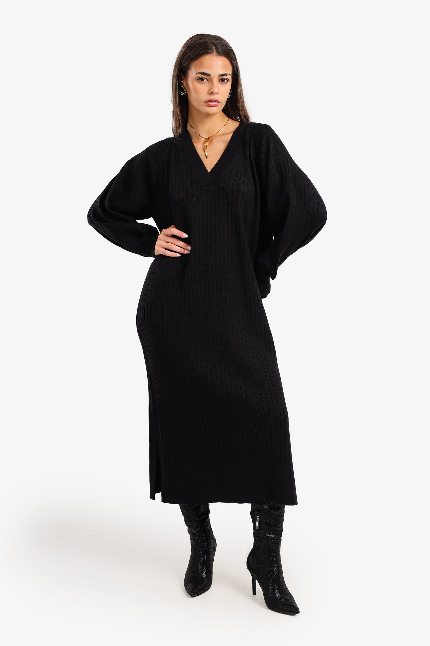 V-Neck Ribbed Midi Dress