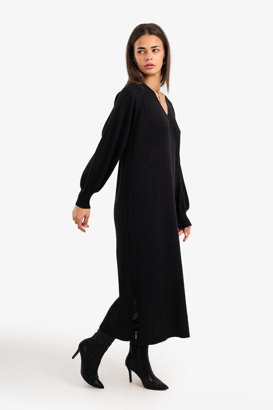 V-Neck Ribbed Midi Dress