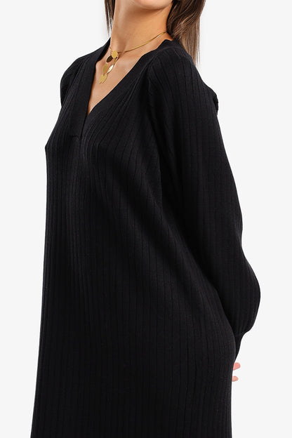 V-Neck Ribbed Midi Dress