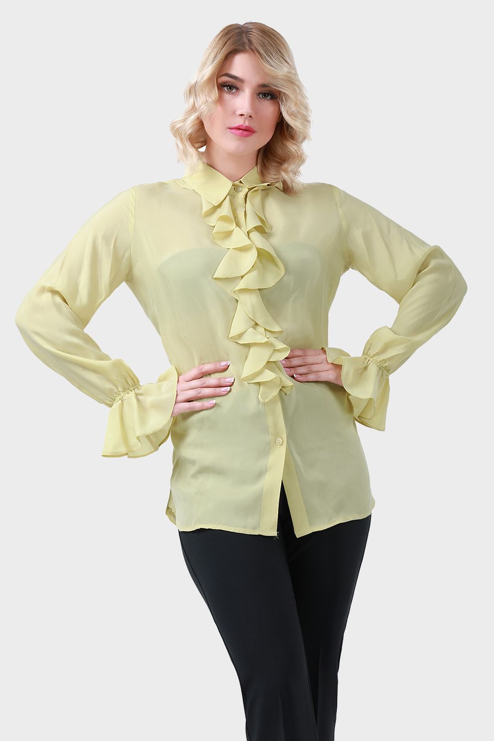 Smoky Cupro Shirt with Ruffled Trim