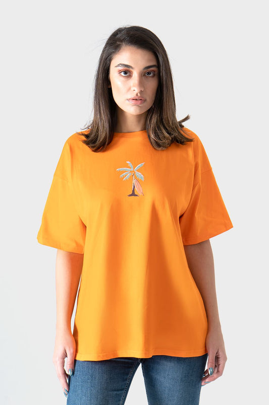 Okoye Orange Printed Oversized T-Shirt