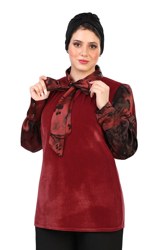 Smoky Velvet Satin Blouse with Self Tie Neck