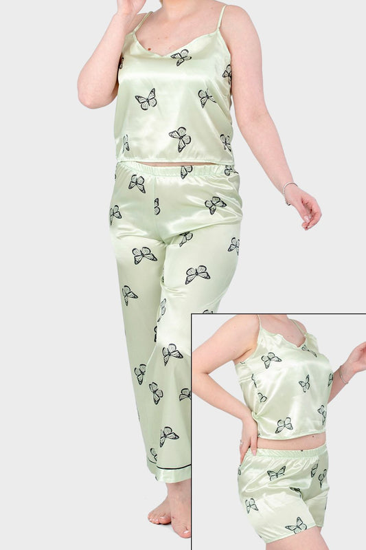 Shechick 3 Pieces Butterfly Satin Pajama Set