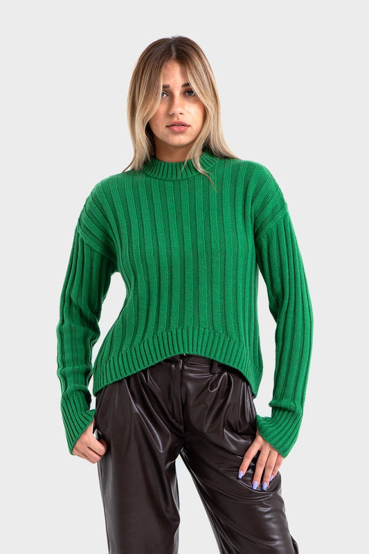 Okoye Green High Hip Ribbed Pullover