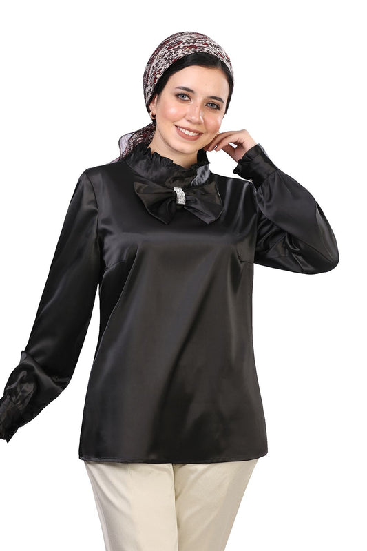 Smoky Mock Neck Satin Blouse with Bow Tie