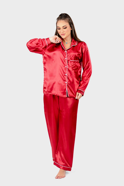 Solid Satin Pajama Set of Top and Pants