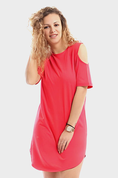 Plain Round Neck Short Night Gown With Cold Shoulders