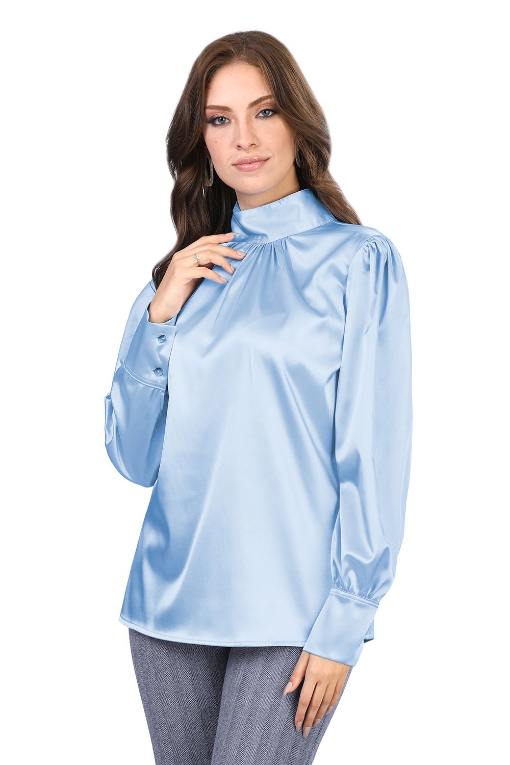 Smoky Mock Neck Plain Satin Blouse