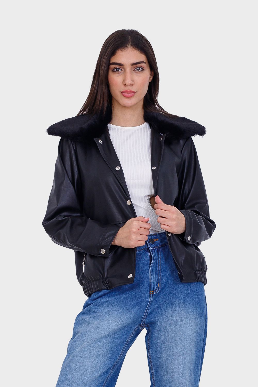 Miss Venus Leather Jacket with Fur Collar