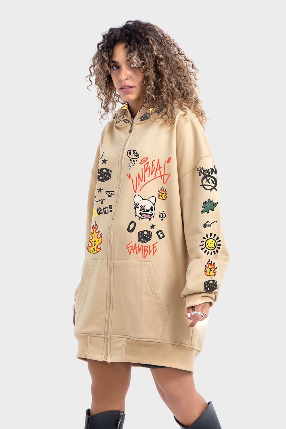 Okoye Premium Line, Beige Extra Oversized Printed Hoodie