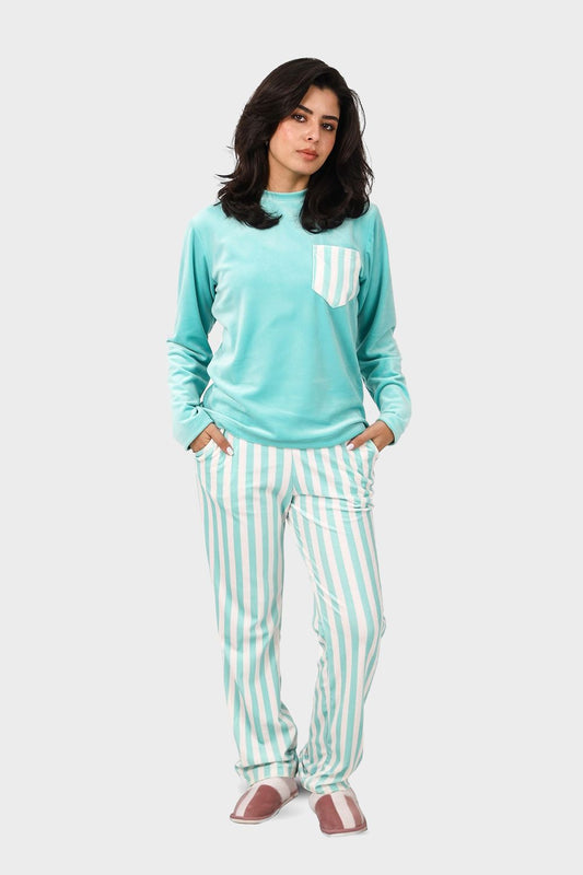 Shechick Top & Striped Pants Velvet Pajama Set