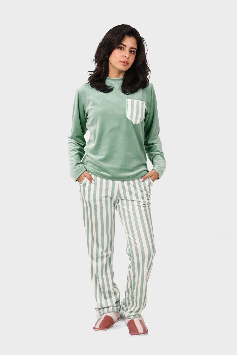 Shechick Top & Striped Pants Velvet Pajama Set