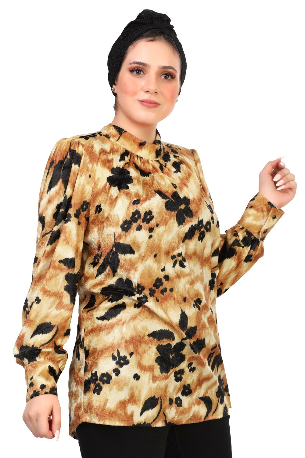 Mock Neck Floral Velvet Blouse