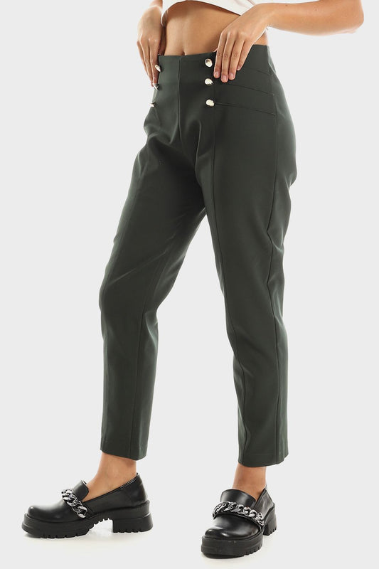 Mr.Joe Side Zip Pants with Front Decorative Buttons