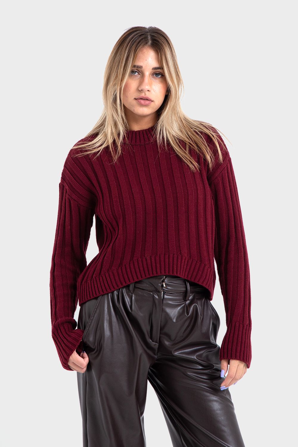 Okoye Maroon High Hip Ribbed Pullover