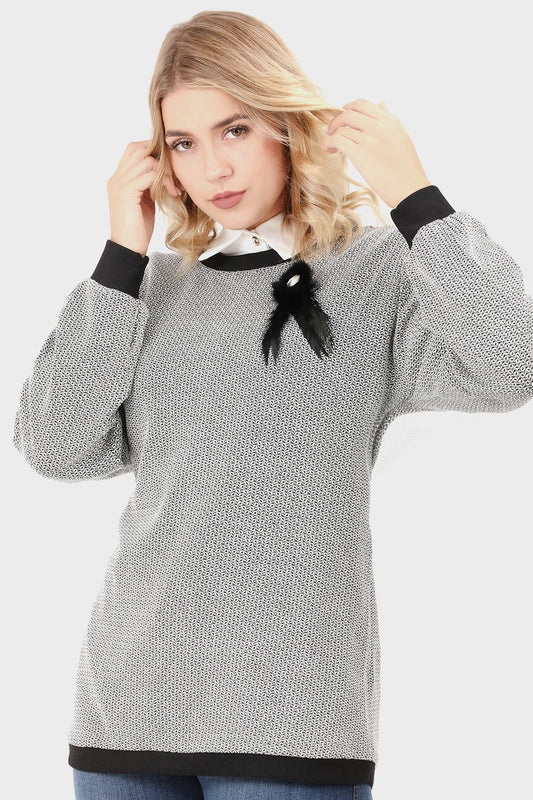 Smoky Jacquard Sweatshirt with Removable Feather Brooch