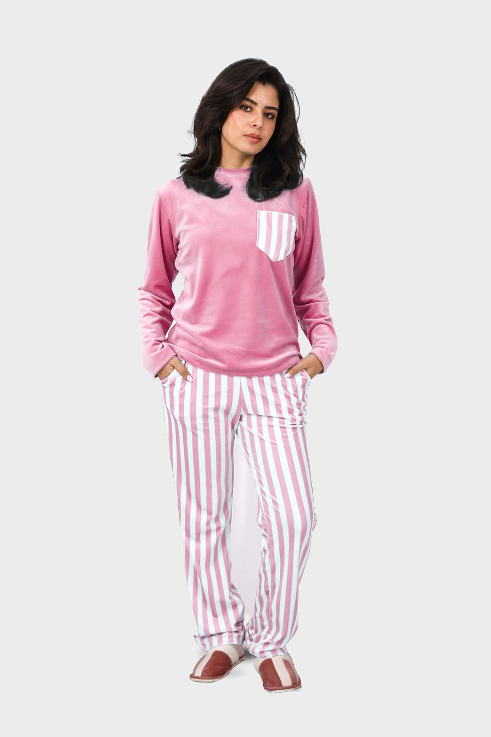 Shechick Top & Striped Pants Velvet Pajama Set