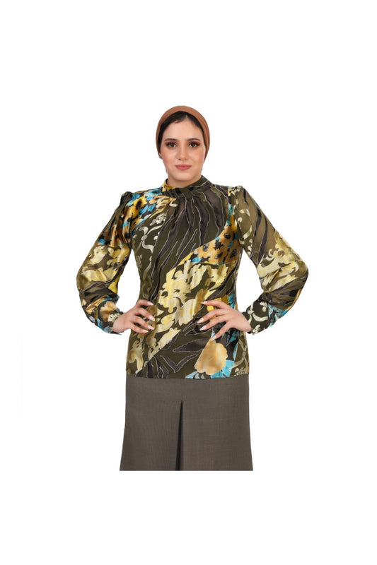 Smoky Satin Chiffon Mock Neck Blouse