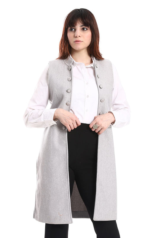 Gray Patterned Decorative Buttons Long Vest