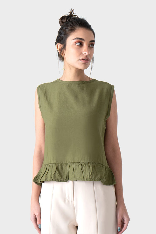 Okoye Olive Sleeveless Ruffle Blouse