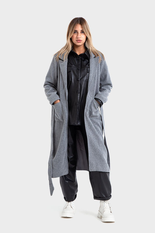 Okoye Classic Gray Coat with Tie-Belt