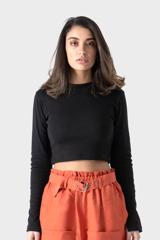 Black Crop Ribbed Top with Bracelet Slit