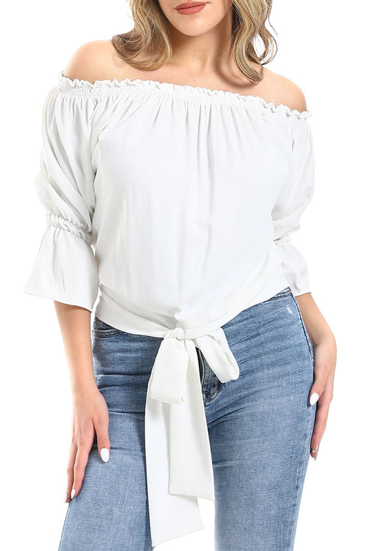 Mr.Joe Off-Shoulder Top with Front Tie