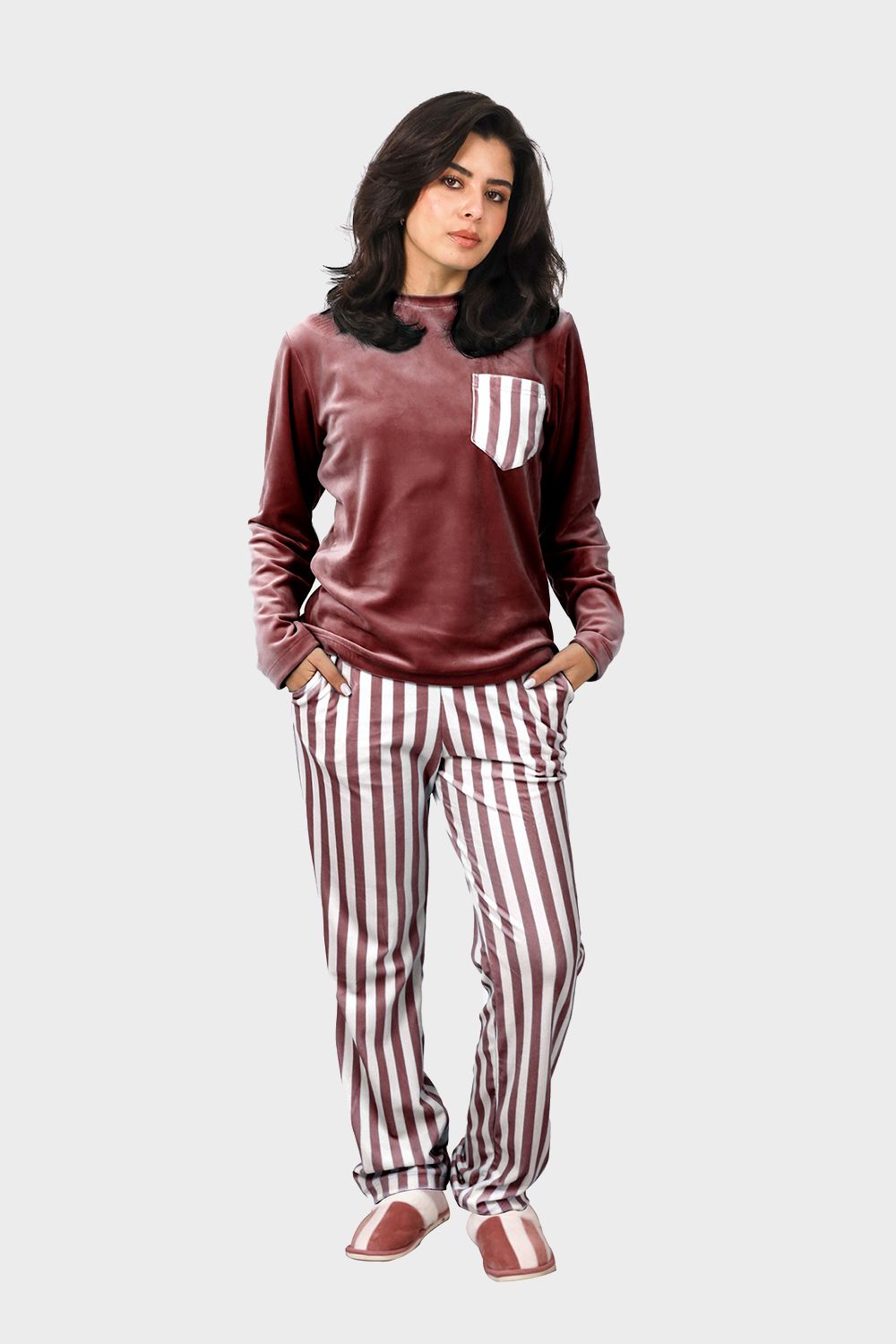 Shechick Top & Striped Pants Velvet Pajama Set