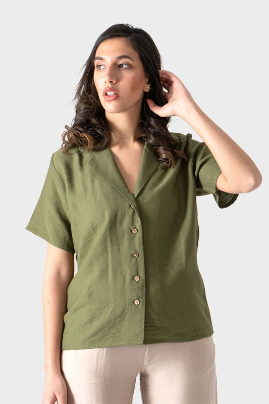 Okoye Olive Short Sleeve Linen Shirt