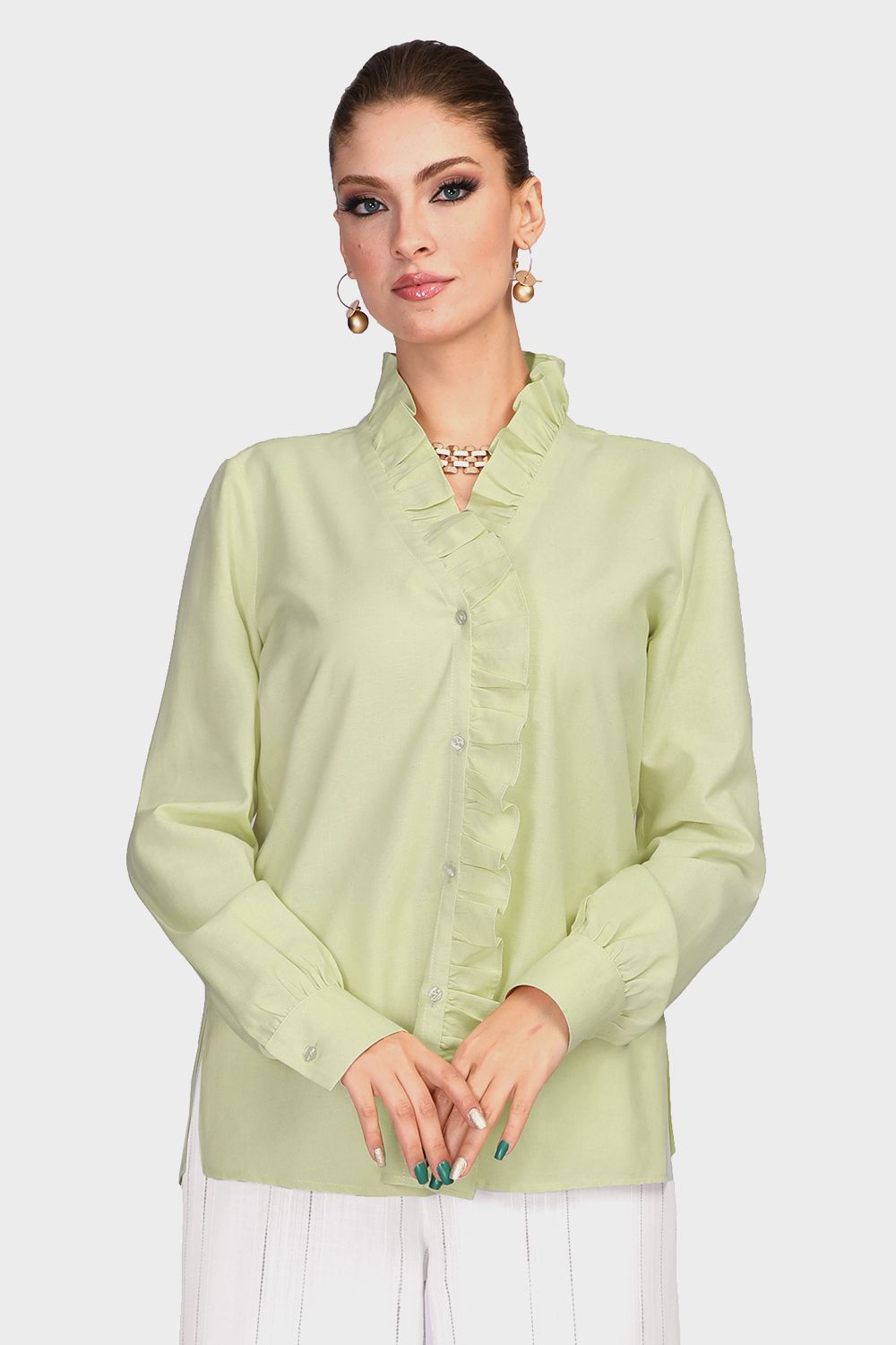 Smoky Shirt with Ruffled Trims and Side Slits