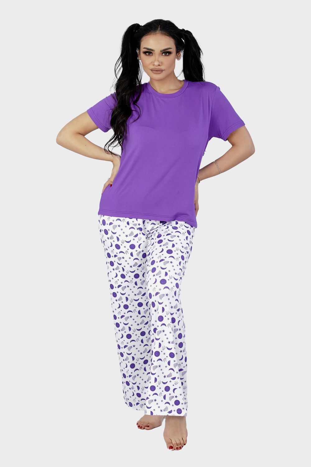 Shechick Solid Top with Moons Printed Pants Pajama