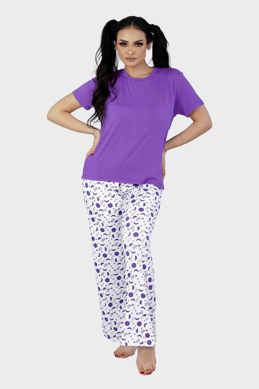 Shechick Solid Top with Moons Printed Pants Pajama