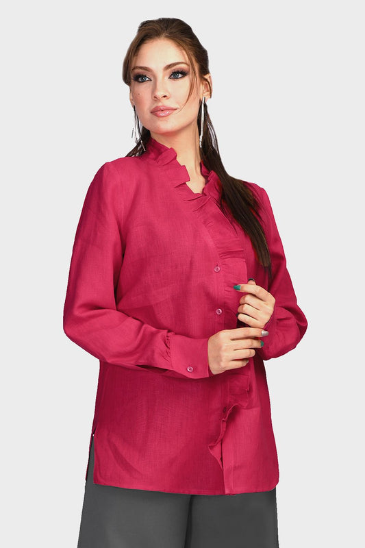 Smoky Shirt with Ruffled Trims and Side Slits