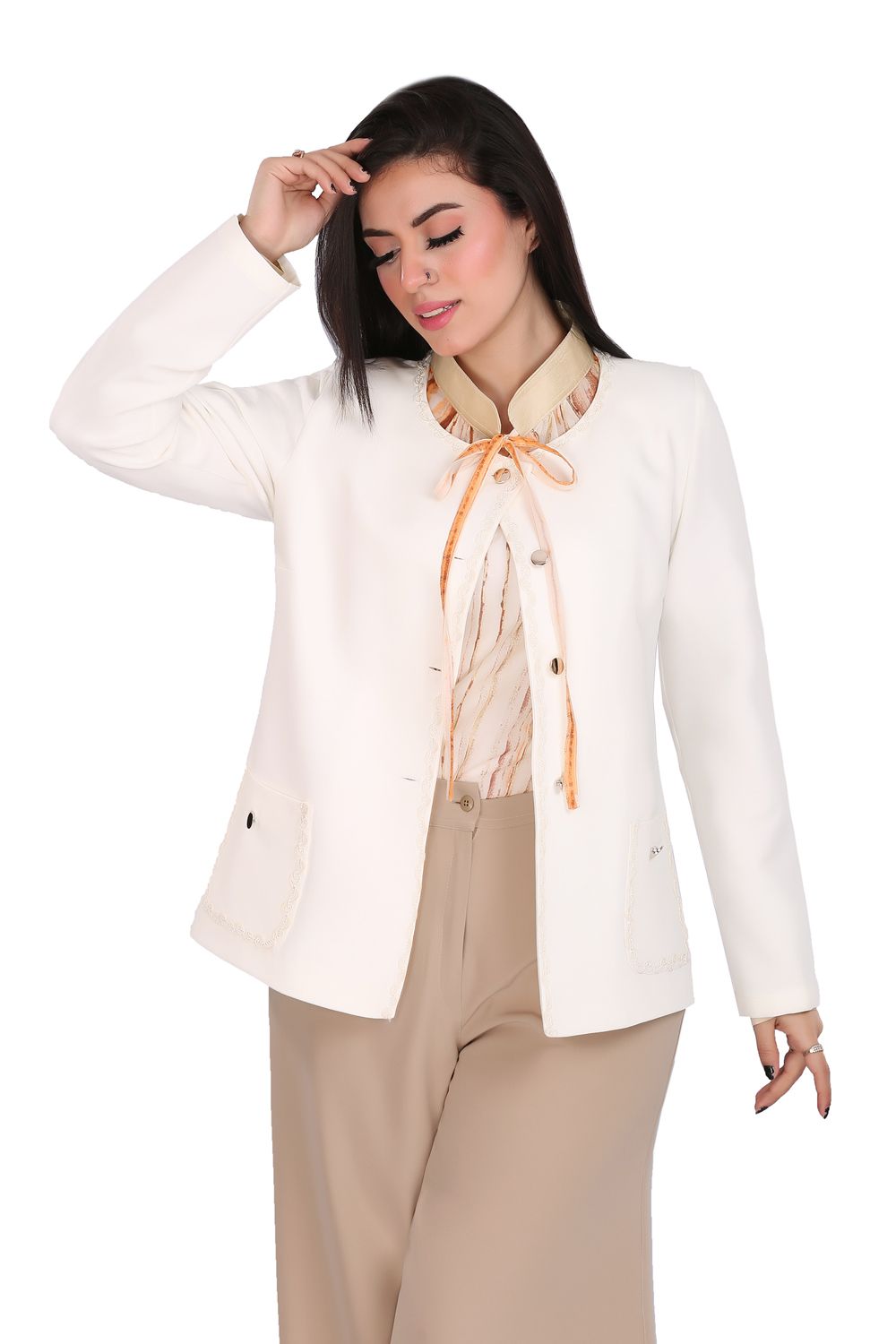 Smoky Fashionable Blazer With Guipure Detailing