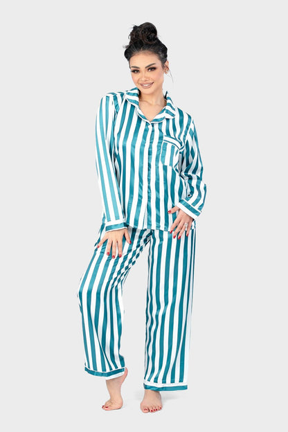 Green Striped Satin Pajama Set