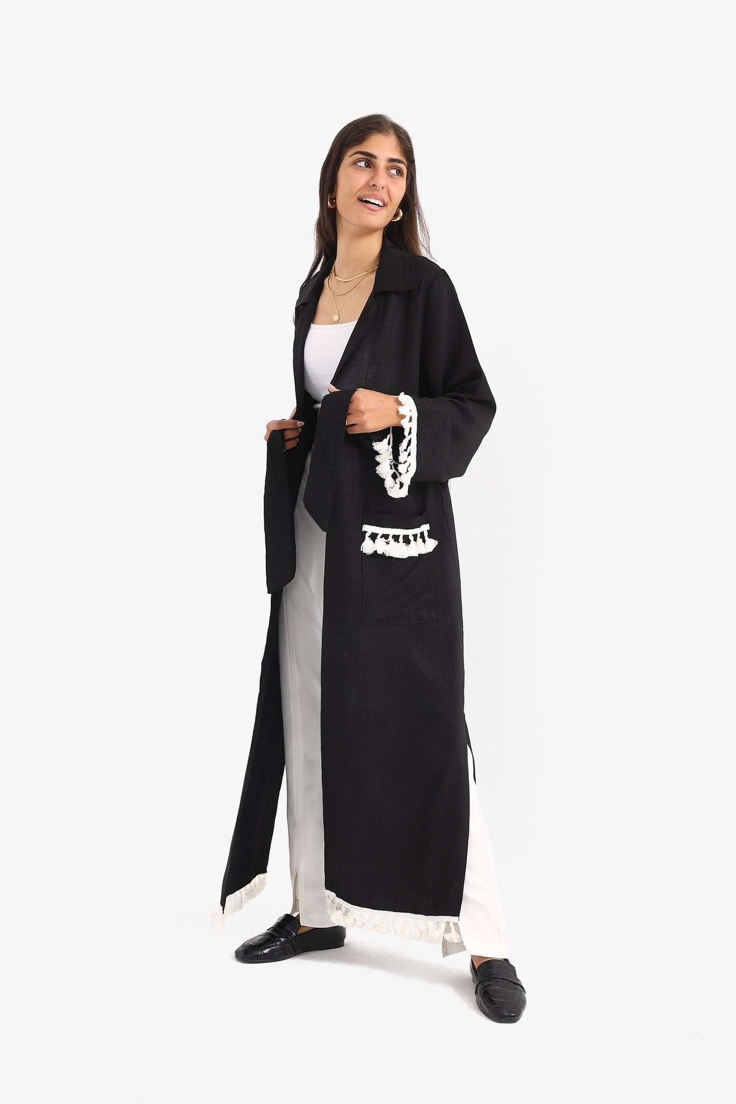 Belted Kimono with Fringed Trim