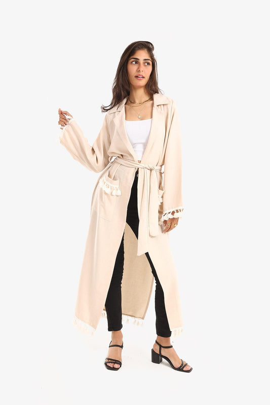 Belted Kimono with Fringed Trim