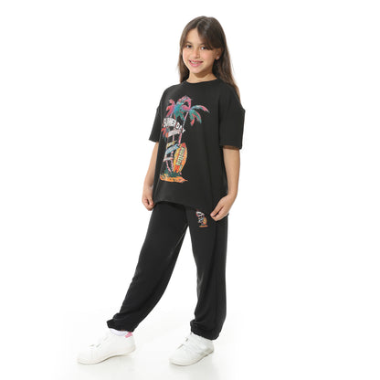 Front-Printed Pajama Set with Pants for Kids