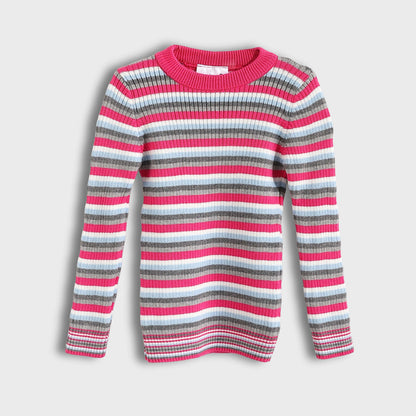 Girls Round Neck Striped Pullover