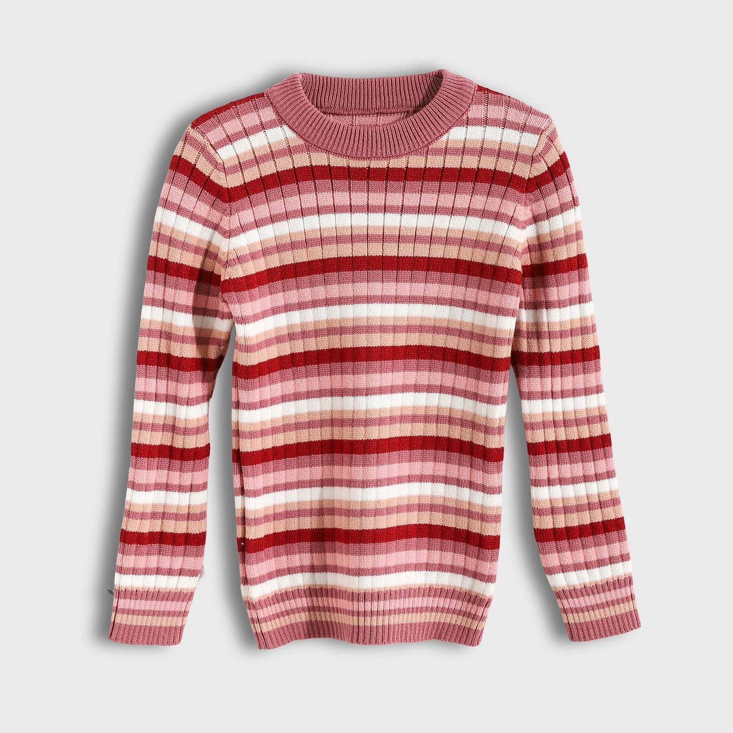 Girls Round Neck Striped Pullover