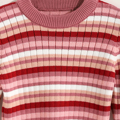 Girls Round Neck Striped Pullover