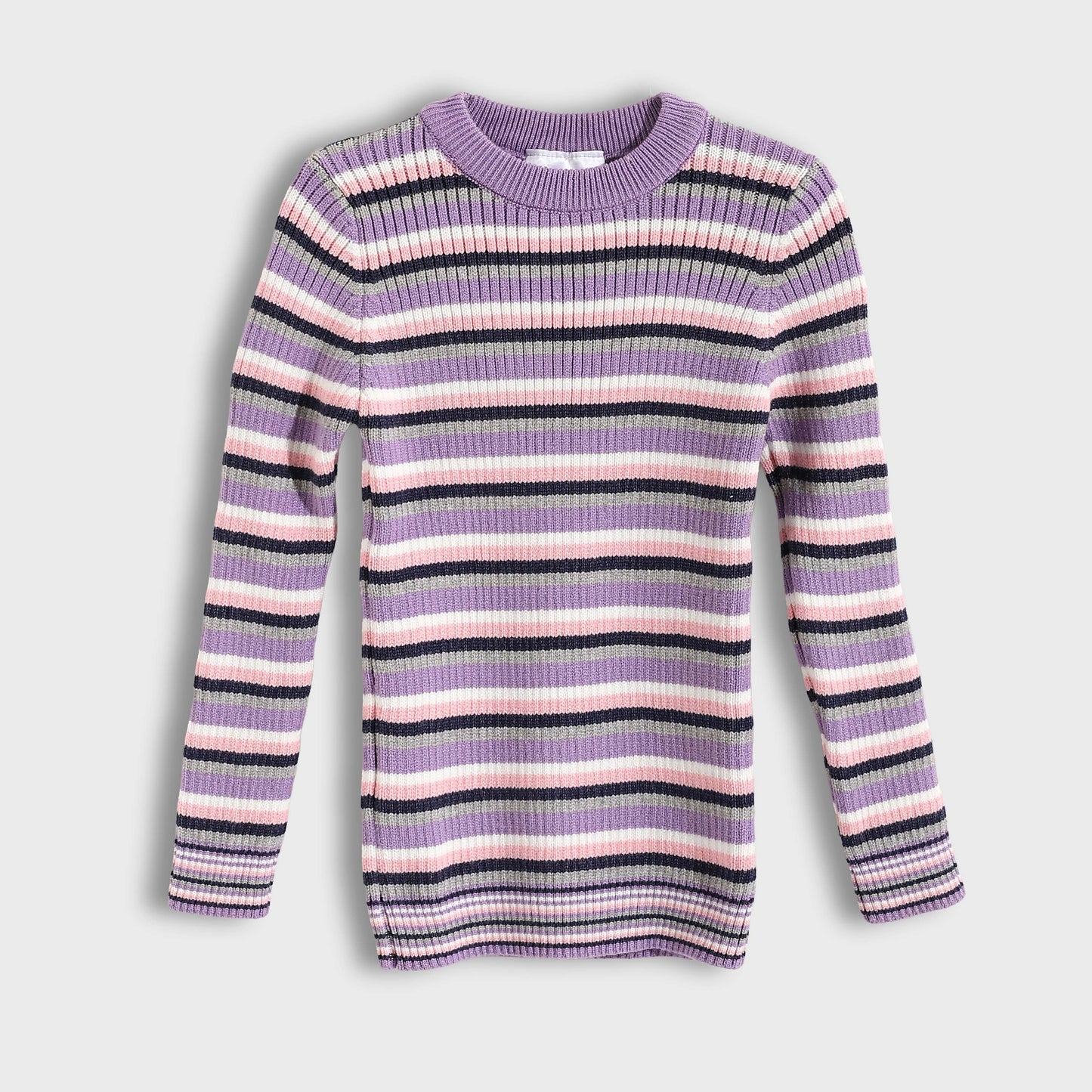 Girls Round Neck Striped Pullover