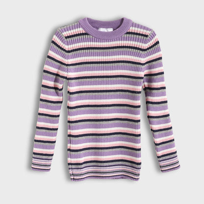Girls Round Neck Striped Pullover