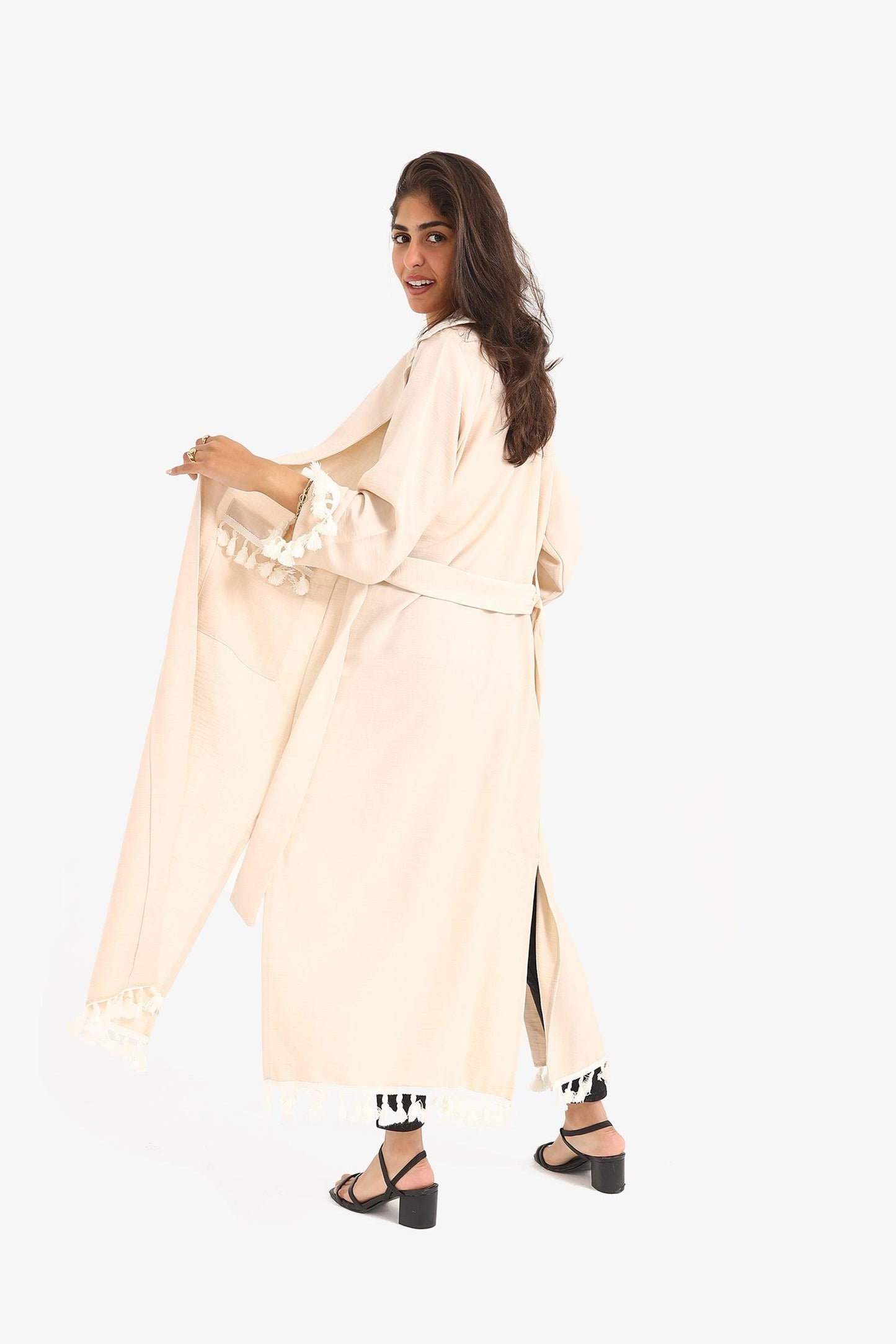 Belted Kimono with Fringed Trim