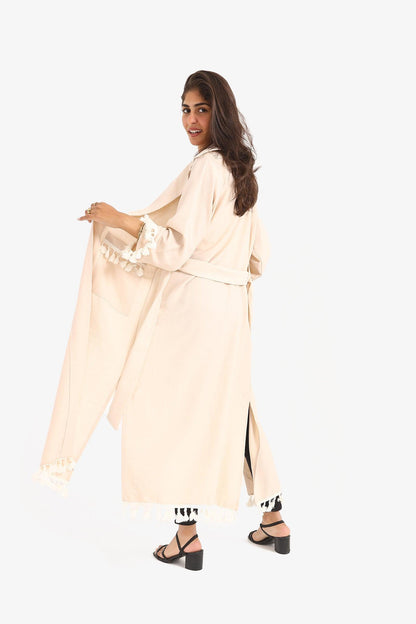 Belted Kimono with Fringed Trim