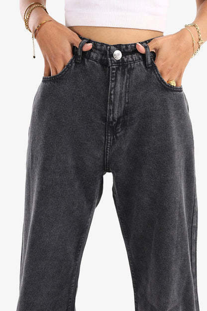 Dark Gray Unstitched Hem Wide Leg Jeans